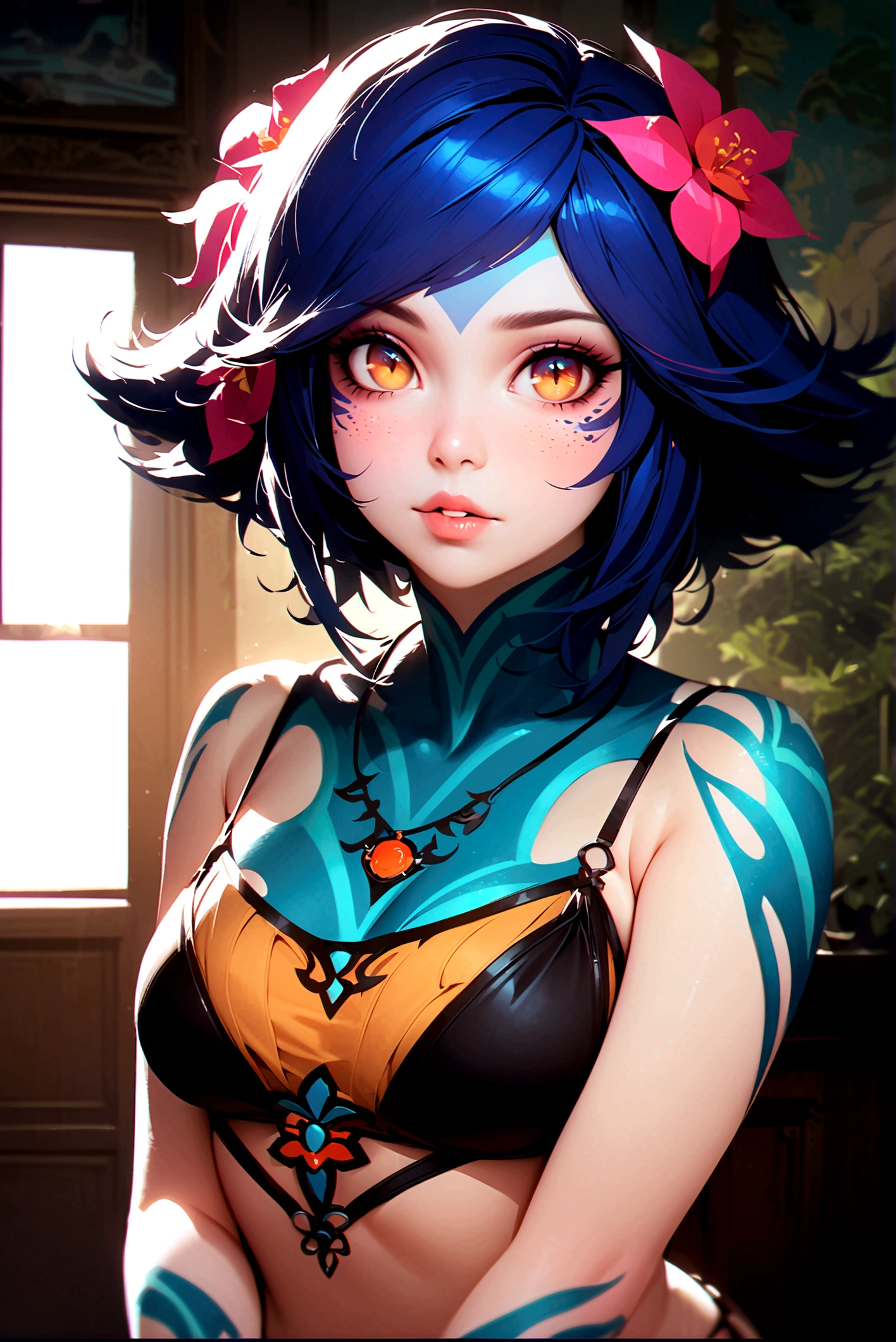 masterpiece,(best quality,top quality,8k),ultra detailed,painting,detailed eyes and face,(1girl),neeko, multicolored hair,(short hair), facial mark, forehead mark, hair ornament, hair flower, necklace, (black bikini),(thick lips:1.1),(puffy eyes) ,good contrast , high sharpness,(gorgeous),realistic,RAW Photography,(hyperdetailed:1.2),room