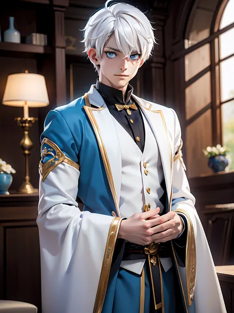 1boy, 25 years old, young, man, white hair, blue eyes, belle pose d&#39;anime, MC male lead, webtoon, cheveux blancs, hades styl...