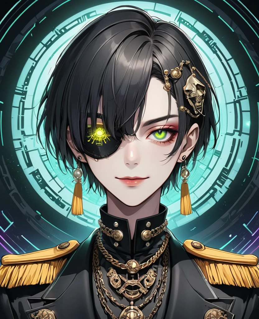 (Digital Illustration，Detailed anime style，Heavy Metal Cyberpunk，Pearl tassel eye mask，Portrait of short-haired boy wearing mask eye patch，Solitary，symmetry)，(Big colorful eyes，Fashionable and exquisite facial features，Exquisite makeup，Smooth skin，Chain decoration on face，Smile，Lip Studs，Soulful gaze，)，(Black suit，Epaulettes-Chain，cool，)，(((Correct human anatomy)))，，out a hand：1.37.Radioactive geometric dynamic light wave background