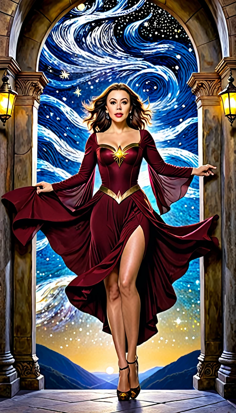 Une femme belle et exquise (Alyssa Milano dans le rôle de Phoebe Halliwell, de la série Charmed) debout sous le ciel étoilé sur le balcon de son monastère, photo d&#39;action, Angle dynamique (Ultra détaillé, premier travail, meilleure qualité), rosto Ultra détaillé (Ultra détaillé, premier travail, meilleure qualité), ultra féminin, (Peau propre: 1,3), cheveux ondulés, couleur des yeux dynamique, yeux froids, yeux pétillants, yeux intenses, lèvres rouge foncé, [Barrages], porter du noir (Ultra détaillé, premier travail , meilleure qualité), porter une cape blanche (ultra détaillé, premier travail, meilleure qualité), cape longue, cape fluide (ultra détaillé, premier travail, meilleure qualité), porter des bottes de saut en hauteur, ciel plein d’étoiles en arrière-plan, deux, photo d&#39;action, Détails élevés, meilleure qualité, 16k, [Ultra détaillé], premier travail, meilleure qualité, (Ultra détaillé), tout le corps, photo ultra large, photoréalisme, art fantastique sombre, art fantastique sombre, beaucoup d&#39;étoiles, art fantastique sombre, avoir peur. 