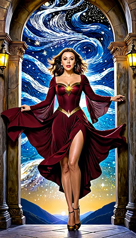 uma bela e requintada mulher (Alyssa Milano as Phoebe Halliwell, from the Charmed series) standing under the starry night sky on...