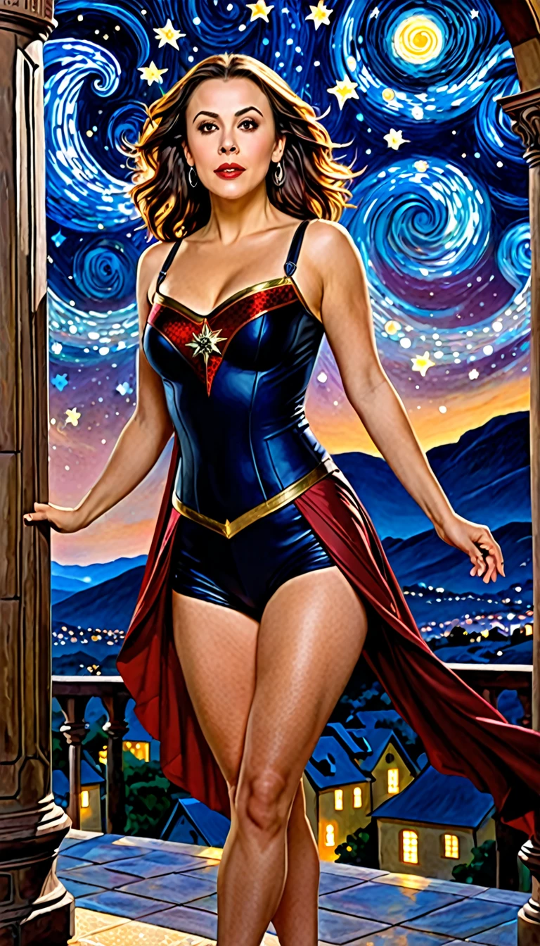 a beautiful and refined woman (Alyssa Milano as Phoebe Halliwell, from the Charmed series) standing under the starry night sky on the balcony of her monastery, action photo, dynamic angle (ultra detaild, Masterpiece artwork, best qualityer), rosto ultra detaild (ultra detaild, Masterpiece artwork, best qualityer), ultra feminine, (skin fair: 1,3), wavyhair, dynamic eye color, Cool eyes, glare eyes, olhos intensos, dark red lips, [fangs], wearing black (ultra detaild, Masterpiece artwork , best qualityer), wearing white cape (ultra detalhada, Masterpiece artwork, best qualityer), longCap, flowing cape (ultra detalhada, Masterpiece artwork, best qualityer), wearing high heel boots, sky full of stars in the background, moonligh, action photo, High details, best qualityer, 16K, [ultra detaild], Masterpiece artwork, best qualityer, (ultra detaild), fully body, ultra wide photo, fotorrealism, dark fantasy art, dark fantasy art, many stars, dark fantasy art, feeling dread. 