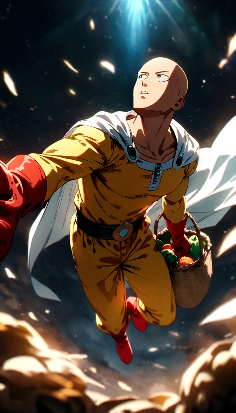 Saitama, one punch man, bald man, brown eyes, yellow one-piece jumpsuit, red gloves, red boots, white cape, looking up, floating, full body, ((serious punch:1.5)), dramatic lighting, cinematic composition, highly detailed, masterpiece