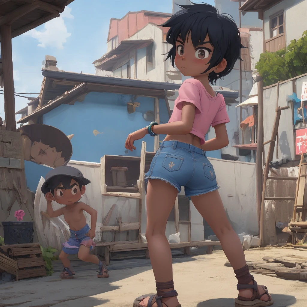 tomboy, rustic, dark skin, 5-year-old girl, short blue hairstyle, wide eyebrows, brown eyes, very flat, small ass, earrings, bracelet, short pink shirt, exposed navel, blue dolphin shorts, blue flip-flops, surprised, having her ass groped by a guy on a street of coastal village, ecchi anime, Takase Yuu style, cinematic, dramatic, masterpiece, POV, dynamic view, full body,