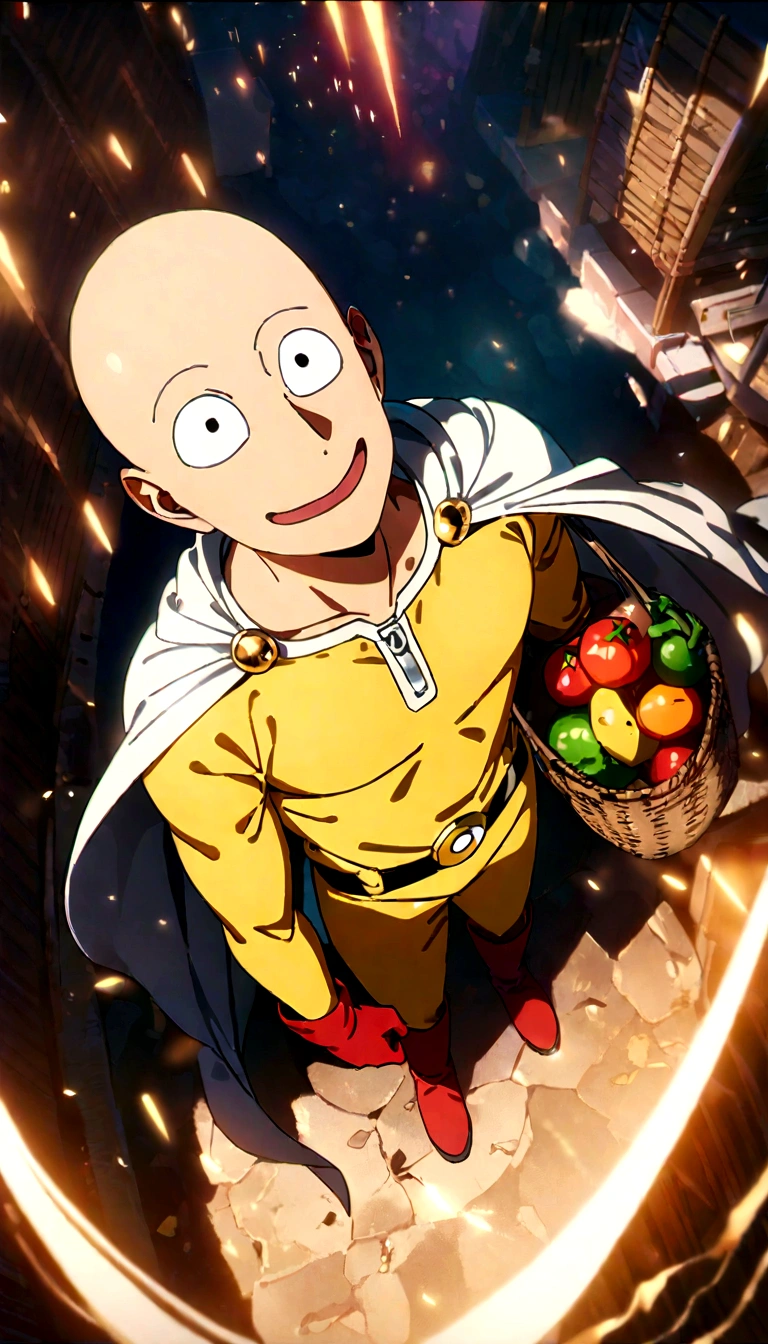 Saitama, one punch man, bald man, brown eyes, yellow one-piece jumpsuit, red gloves, red boots, white cape, looking up, floating, full body, ((serious punch:1.5)), dramatic lighting, cinematic composition, highly detailed, masterpiece