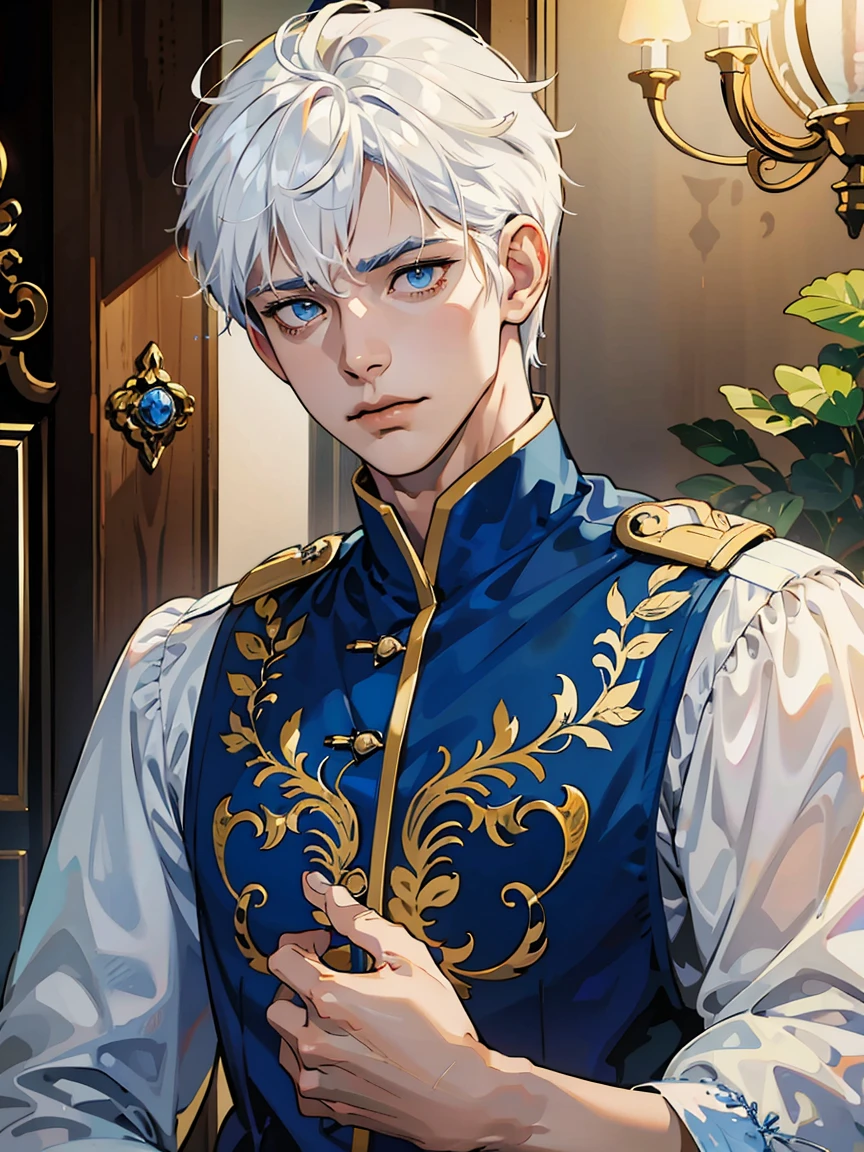 1boy, 25 years old, young, man, white hair, blue eyes, belle pose d&#39;anime, MC male lead, webtoon, cheveux blancs, hades style, hades game, hypnos, tartarus scenery, fumes, greek columns in background, lots of columns, architecture, boss, formal business outfit, white outfit, arrogant look