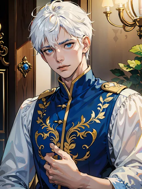 1boy, 25 years old, young, man, white hair, blue eyes, belle pose d&#39;anime, mc male lead, webtoon, cheveux blancs, hades styl...