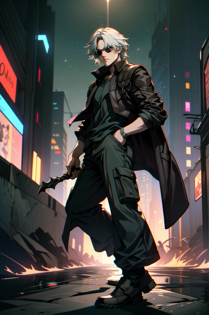 ((Ultra detallado, Obra maestra, absurdos))
DMC5Dante, 1 chico, solo, cabello largo hasta la espalda, pelo verde, lentes, Explorador urbano informal con pantalones cargo., pose de pie, Dynamic city lights, mirada imponente 