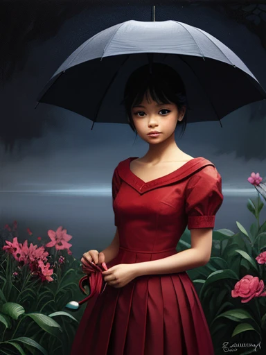 painting of a girl in a red dress holding an umbrella, grayscale phtoto with red dress, mood painting, speedpaint, inspired by Mead Schaeffer, speedpainting, inspired by Ayako Rokkaku, color study, speed painting, rain red color bleed, inspired by Goyō Hashiguchi, by Shingei, umbrella goat origami style in the style of esao andrews,esao andrews style,esao andrews art,esao andrewsa painting style of esao andrews, andrews esao artstyle, inspired by Esao Andrews, esao andrews ornate, by Esao Andrews, esao andrews, inspired by ESAO, by ESAO,  earley, shrubs and flowers esao andrews, benjamin lacombe, 1girl, bug in the style of esao andrews, esao andrews . paper art, pleated paper, folded, origami art, pleats, cut and fold, centered composition