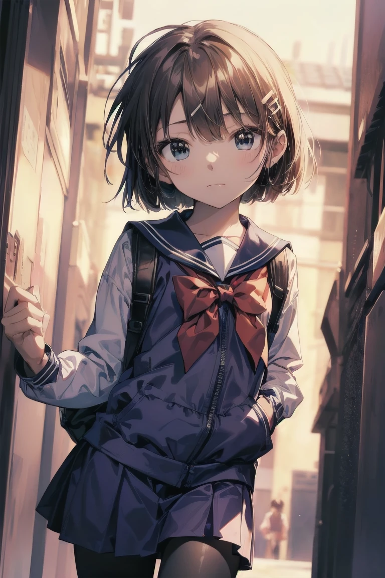 highest quality, anime moe art style,Best Anime 8K Kona-chan Wallpaper,Pixiv contest winners,perfect anatomy, (Please draw a girl walking sleepily to school.. ),break, 1 girl, (alone,,,7 years old:1.3),kindergartener student, short hair, amount, (hair above one eye:1.7),All limbs, full finger,flat, chest, big eyes,Precise black eyes, hair clip, (sailor suit:1.5),(school uniform:1.5) skirt,On the way to school. break,Super detailed,High resolution,super dense skin, professional lighting,8K eye details, (cute illustration:1.2),blonde，blonde hair，No expression，(hair over one eye:1.5)， sleeveless sailor uniform, hyper-pregnant loli