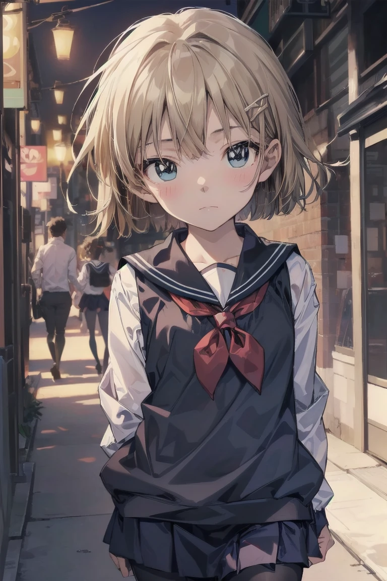 highest quality, anime moe art style,Best Anime 8K Kona-chan Wallpaper,Pixiv contest winners,perfect anatomy, (Please draw a girl walking sleepily to school.. ),break, 1 girl, (alone,,,7 years old:1.3),kindergartener student, short hair, amount, (hair above one eye:1.7),All limbs, full finger,flat, chest, big eyes,Precise black eyes, hair clip, (sailor suit:1.5),(school uniform:1.5) skirt,On the way to school. break,Super detailed,High resolution,super dense skin, professional lighting,8K eye details, (cute illustration:1.2),blonde，blonde hair，No expression，(hair over one eye:1.5)， sleeveless sailor uniform, hyper-pregnant loli