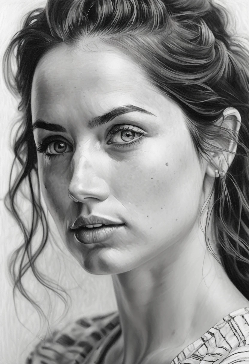 Esquisse au graphite saisissante en noir et blanc d'une magnifique femme ohwx, (par Alyssa Monks:1.1), par Joseph Lorusso, par Lilia Alvarado, bel éclairage, netteté, 8k, haute résolution, (pores:0.1), (en sueur:0.8), chef-d&#39;œuvre, Nikon Z9, photographie primée 