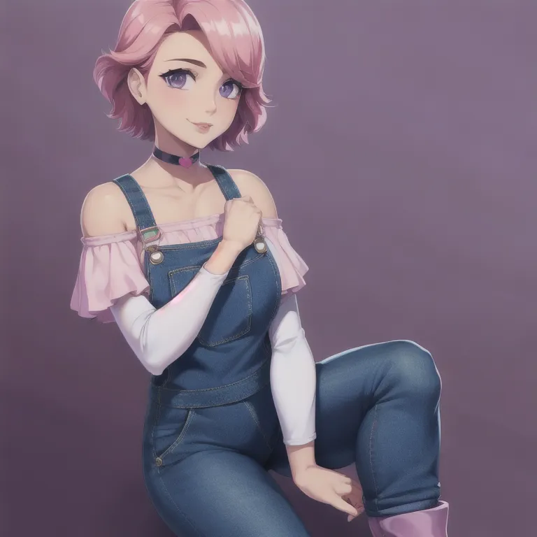 1girl, solo, short pink hair, (dark blue choker), (dark blue denim overalls), (purple eyes), (pink boots), (white shoulder lante...