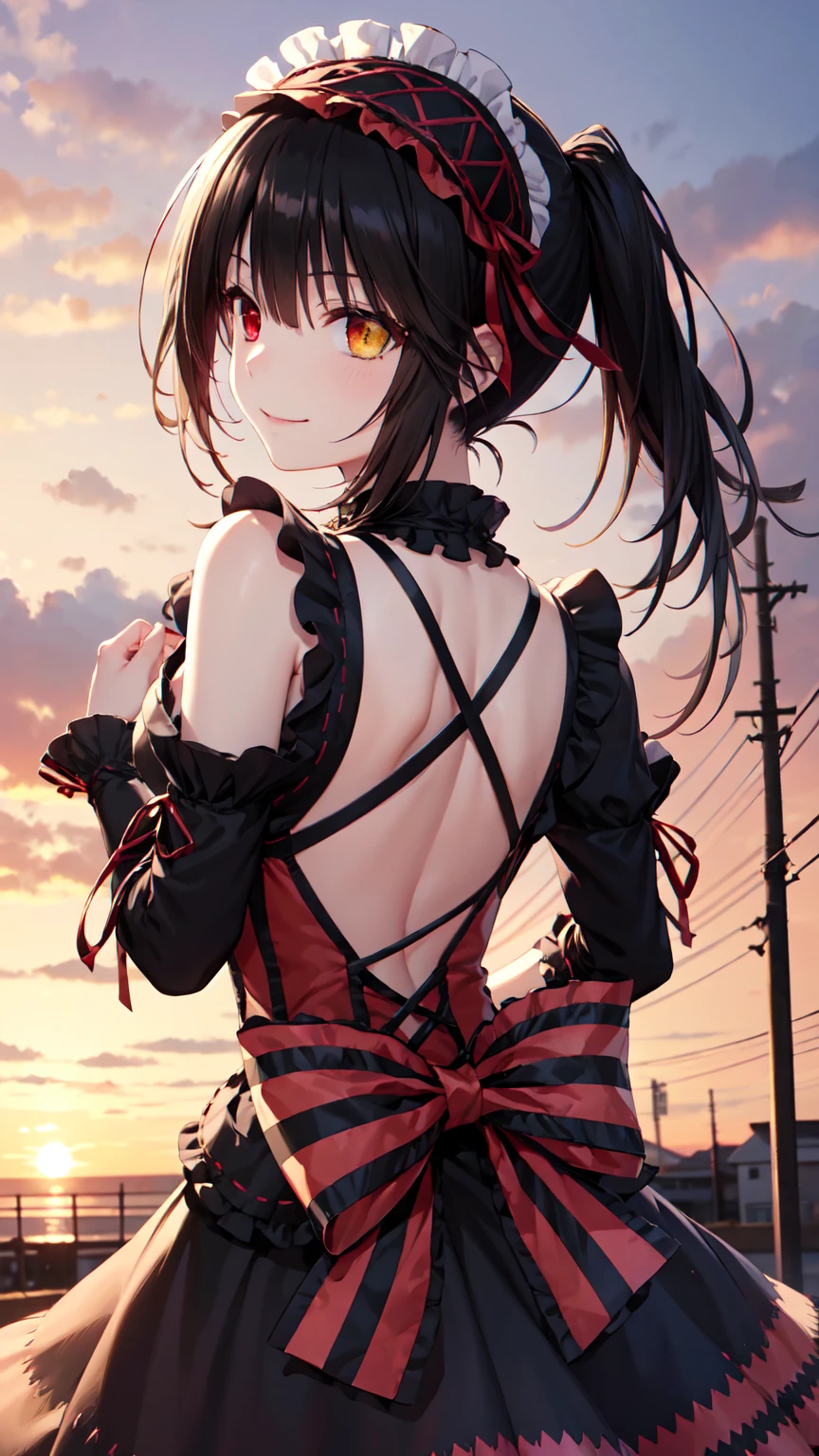 masterpiece, The best quality、street、Put your arms behind your back、Black Hair, Long twin tails bunches, (Yellow eyes:1.2), Heterochromia iridum, (Red Eyes:1.2),Tokisaki Kurumi、Smile,Gothic Lolita Clothing Accessories、victorian maid tiara、Black Ribbon、Shut up、Gothic Lolita Clothing Accessories