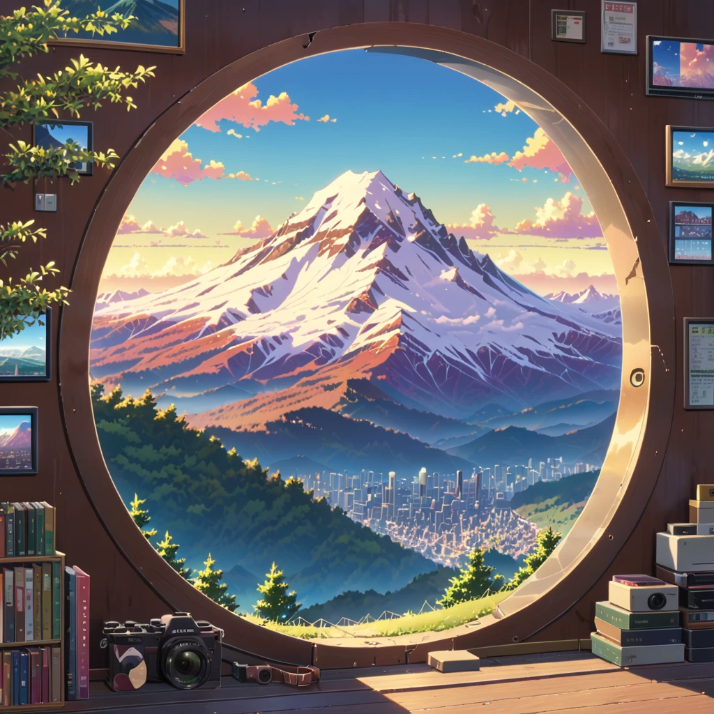 ((anime:1.4,illustration)),(masterpiece, top quality, best quality),(ultra-detailed, absolutely resolution),((16k, high res)), (((drilled snowy mountain, blue sky, city reflected in the hole)), ((landscape, wide shot, long shot)) ((cozy lofi illustration:1.4)), ((anime:1.4, illustration)),(masterpiece, top quality, best quality),(ultra-detailed, absolutely resolution),((16k, high res)) BREAK {lofi art, style of Laurie Greasley, style of Makoto Shinkai, anime aesthetic}, BREAK { (produces images with information than 40 million pixels with cinematic-like detailed textures shot on a Sony SLR).}