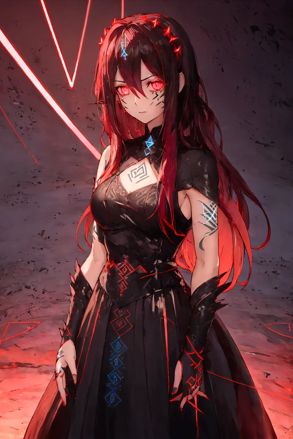 4k high resolution, one female, (((glowing rune tattoos))), red and black hair, princess knight dress gown, pants, circlet tiara