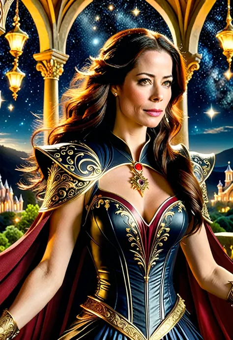 Uma bela e requintada mulher (Holly Marie Combs as Piper halliwell, from the Charmed series) standing under the starry night sky...