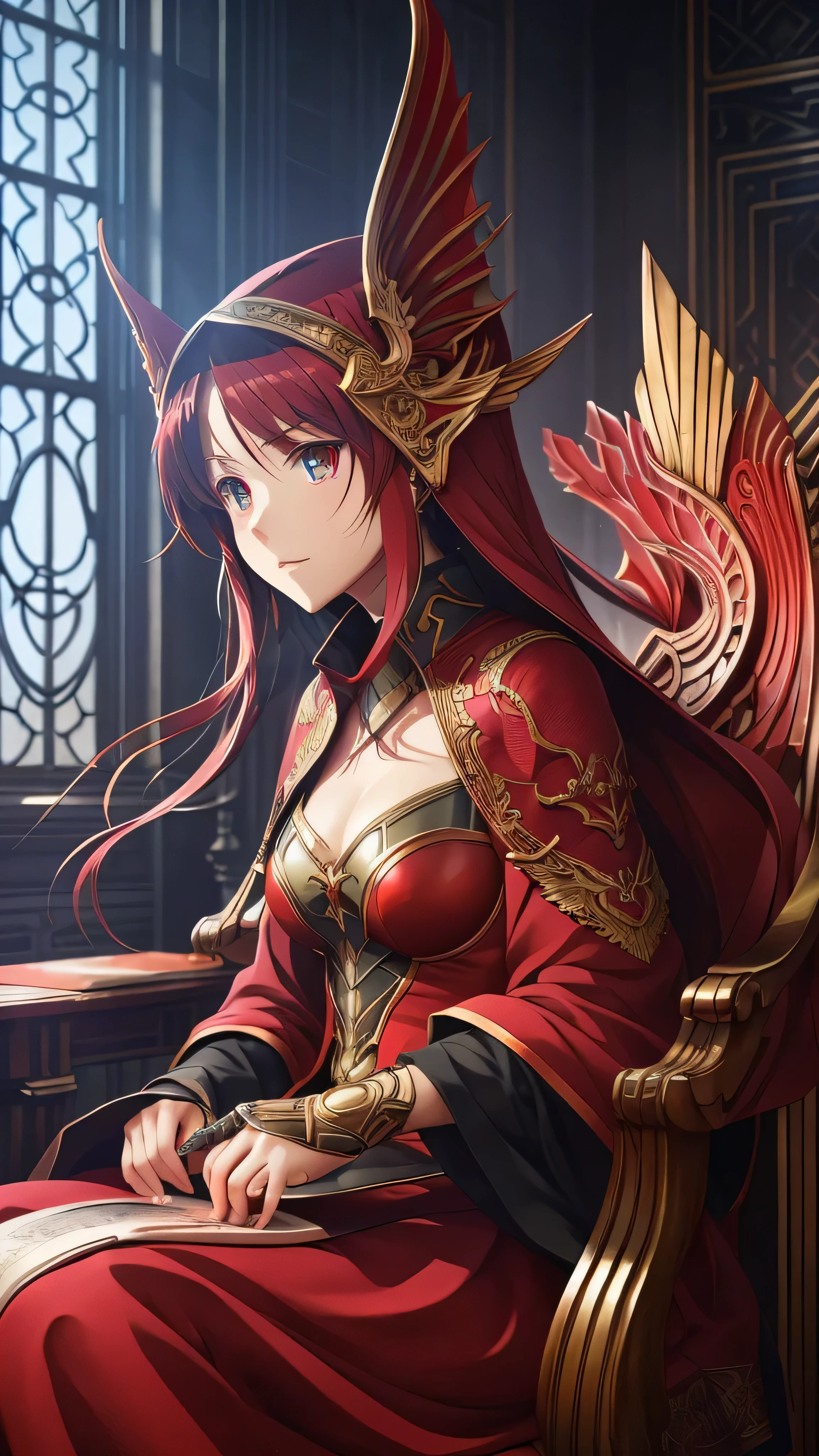 Wrapped in a captivating crimson coat、Hall々Sitting elegantly in a comfortable chair、Breathtaking CG artwork featuring majestic dragons。The artwork is in the popular anime style featured on ArtStation and Pixiv.、It showcases the intricate and gorgeous anime CGI style of the talented Guvez.。The meticulously crafted digital anime art、The book is woven with detailed and fascinating illustrations that exude a sense of fantasy.。The artwork is、Boasting clean, detailed anime art、Highlight key features with incredible precision