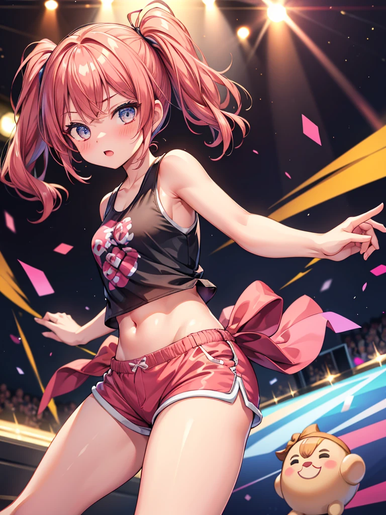 1 girl, high quality, beautiful eyes, best quality, masterpiece, highres, offbelly, offsholder, sleeveless shirts, short shorts, shiny thigh, sweats, blush, dancing, dynamic pose, TodorokiHajime, 