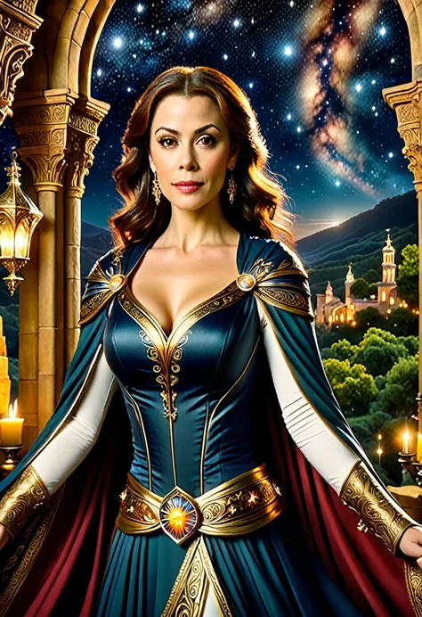 uma bela e requintada mulher (Alyssa Milano as Phoebe Halliwell, from the Charmed series) standing under the starry night sky on...