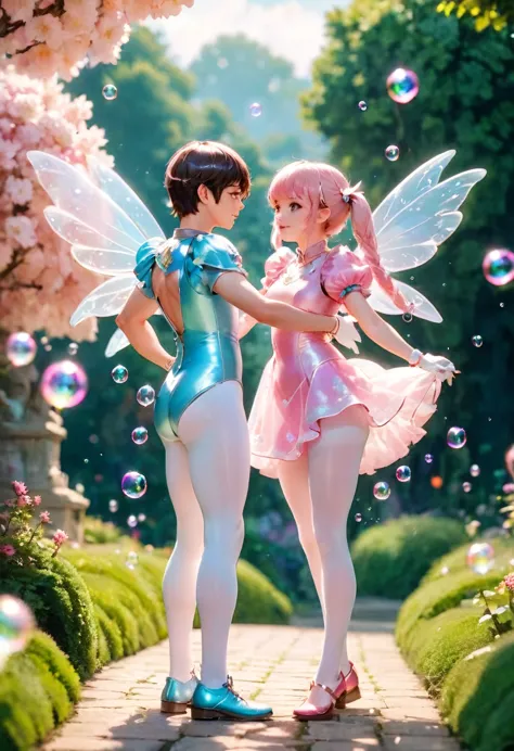 a boy and girl dressed in fairy costumes and white tights are standing in a garden, beautiful fairies, fairies, loish and ross t...