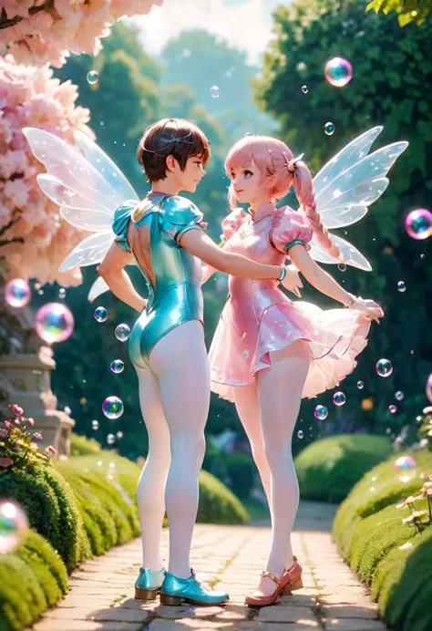 a boy and girl dressed in fairy costumes and white tights are standing in a garden, beautiful fairies, fairies, loish and ross t...