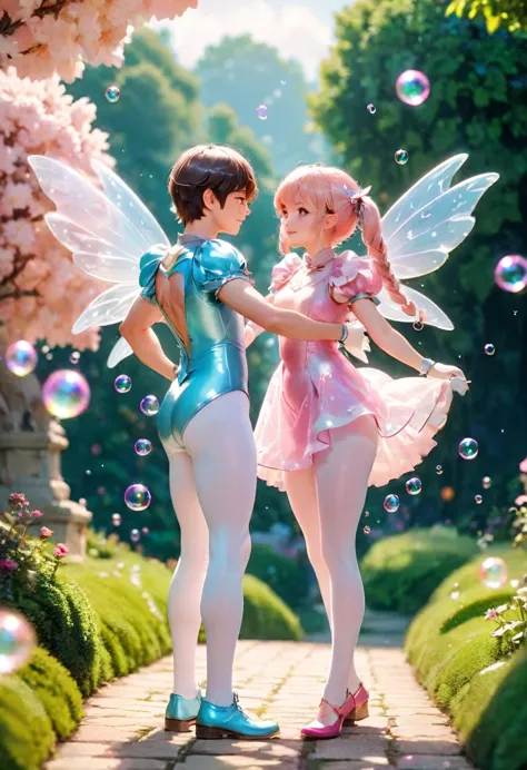 a boy and girl dressed in fairy costumes and white tights are standing in a garden, beautiful fairies, fairies, loish and ross t...