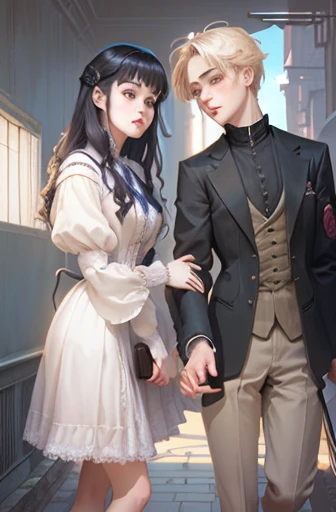a drawing of a couple of people standing next to each other, pixivs and junji ito, in the art style of bowater, medium shot of two characters, artwork in the style of guweiz, official fanart, eerie and grim art style, fanart, inspired by William Mustart Lockhart, both wearing victorian clothes, inspired by Jane Graverol