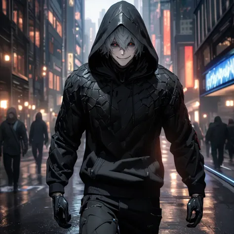 A man wearing a black sweatshirt, black pants, black hood, silver hair, a plastic hand on his face, walking down a city street, ...