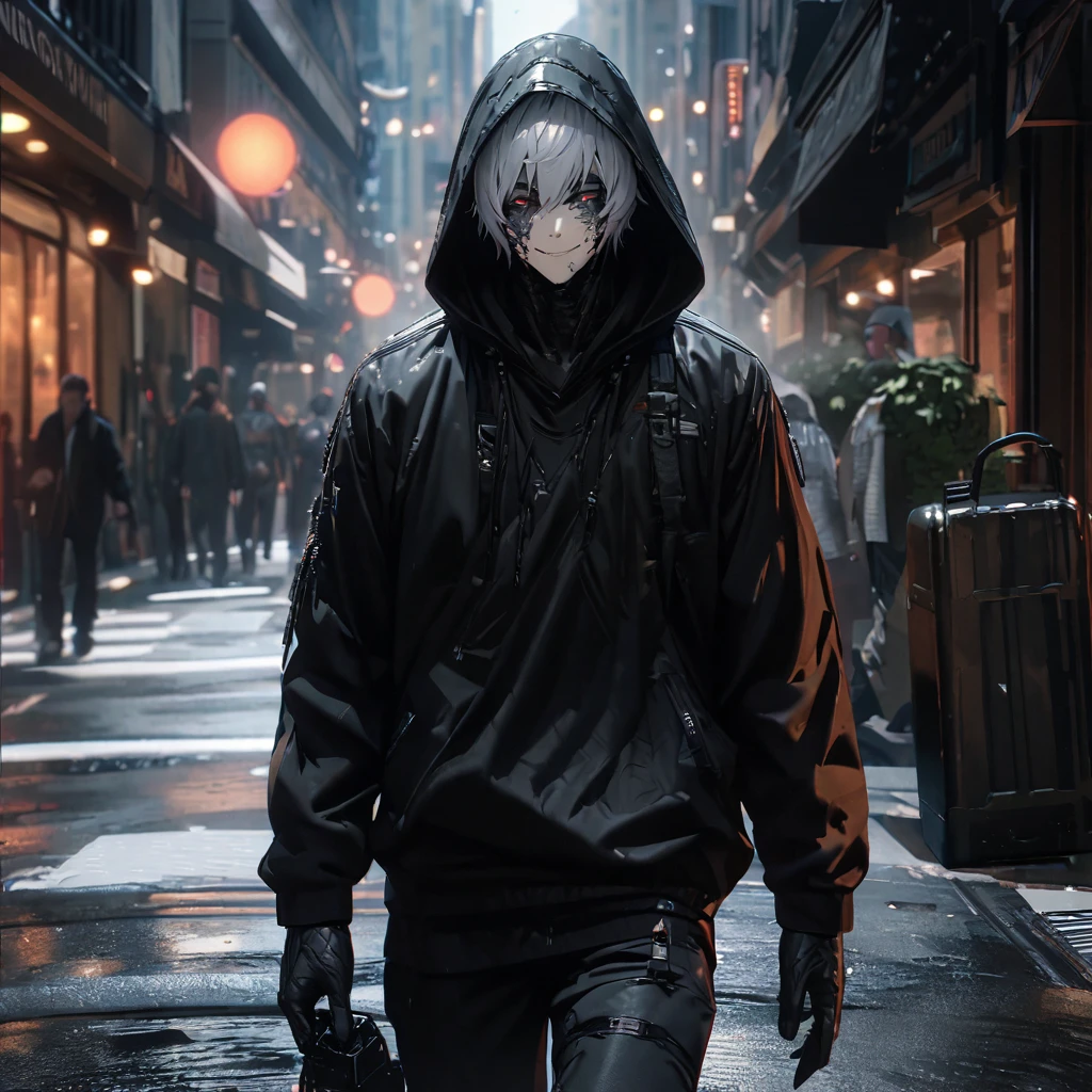 A man wearing a black sweatshirt, black pants, black hood, silver hair, a plastic hand on his face, walking down a city street, with a dark appearance, a dark aura, smiling,UHD , work- prime, precise, anatomically correct, textured skin, super details, high quality, best quality, 8k, high resolution, bokeh effect. (man alone)
