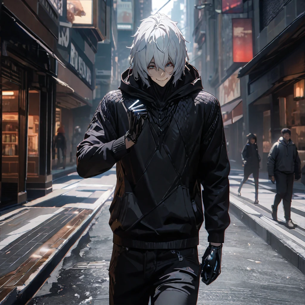 A man wearing a black sweatshirt, black pants, black hood, silver hair, a plastic hand on his face, walking down a city street, with a dark appearance, a dark aura, smiling,UHD , work- prime, precise, anatomically correct, textured skin, super details, high quality, best quality, 8k, high resolution, bokeh effect. (man alone)
