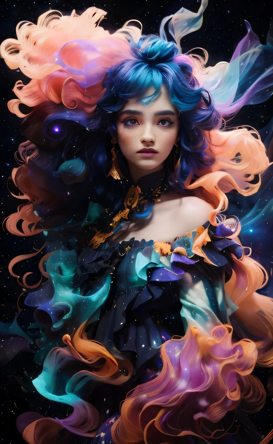 Imagina un ser celestial, una mujer cuyo vestido y cabello están hechos de elementos cósmicos, de pie sobre un acantilado con el telón de fondo del cielo nocturno estrellado. Su vestido fluye y ondula con los colores vibrantes de una nebulosa., blending fiery oranges, rojos, y amarillos con los azules profundos y morados del cosmos. Su cabello está alborotado y se entremezcla con las estrellas., dando la impresión de que ella es una con el universo. La escena es etérea y de otro mundo., con la figura delineada por el resplandor luminiscente del polvo de estrellas y la energía cósmica. El ambiente es de asombro y la sublime belleza del universo., capturado en un solo, Momento impresionante. por Skyrn99, Alto detalle, alta calidad, Alta resolución