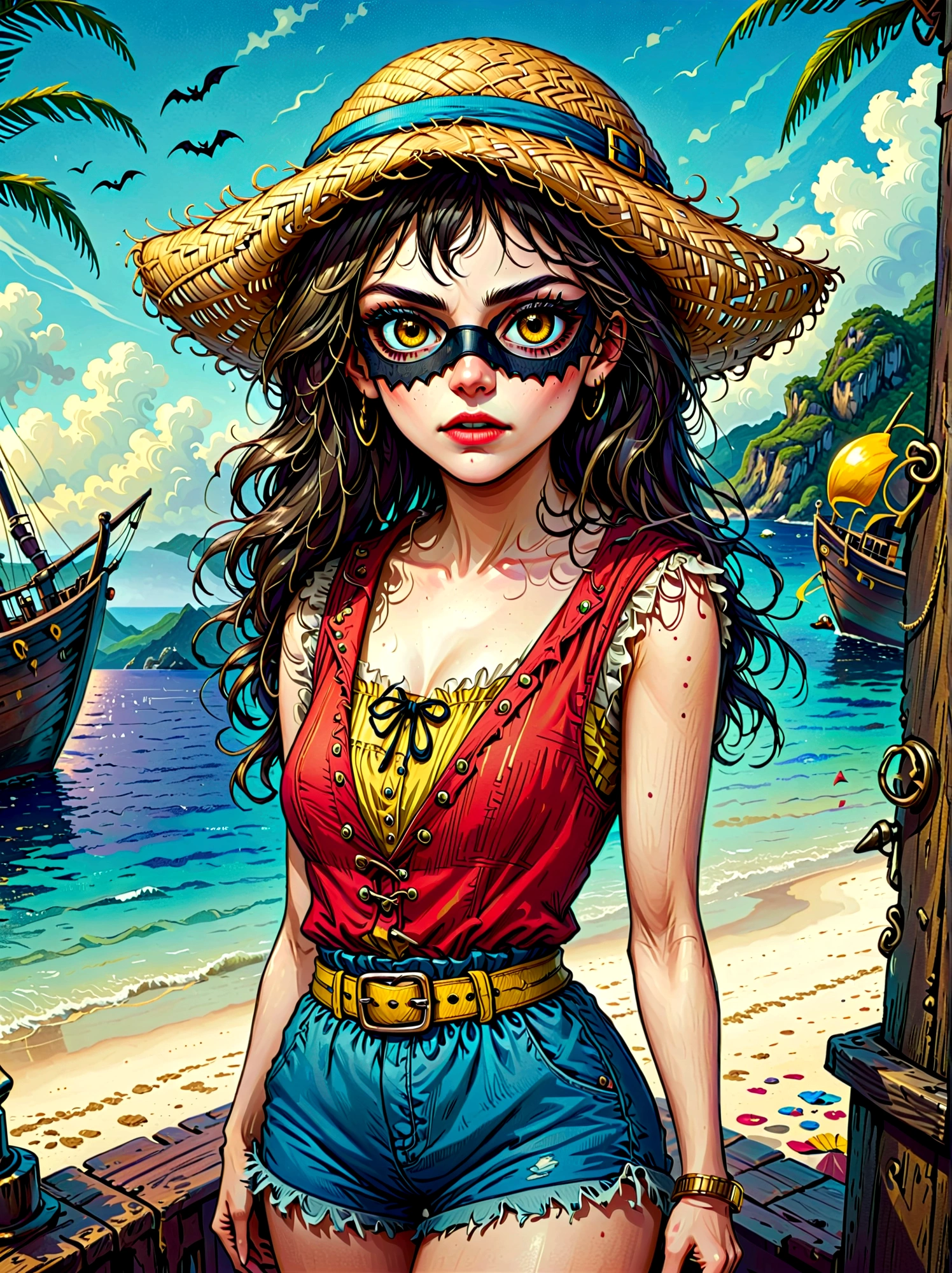 (whole body:1.3), 1 female captain, Wearing a straw hat, (Wearing a black eye mask), Rich expression, (gloomy), (Gothic horror), illustration, Red vest, Blue shorts, Yellow belt, Black sandals, (Strange), exaggerated, Caribbean Sea in the background，Boat deck，Dark theme elements, Pencil Sketch
