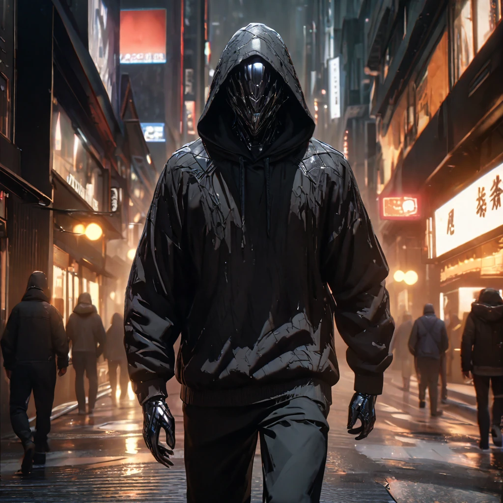 A man wearing a black sweatshirt, black pants, black hood, silver hair, a plastic hand on his face, covered face, walking down a city street, with a dark appearance in the place, dark aura, smiling.,UHD , work- prime, precise, anatomically correct, textured skin, super details, high quality, best quality, 8k, high resolution, bokeh effect. (man alone)
