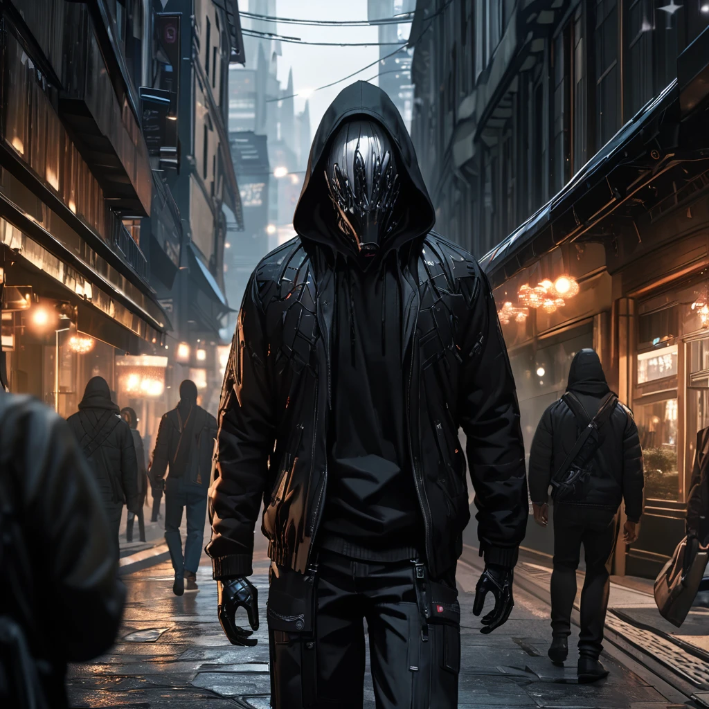 A man wearing a black sweatshirt, black pants, black hood, silver hair, a plastic hand on his face, covered face, walking down a city street, with a dark appearance in the place, dark aura, smiling.,UHD , work- prime, precise, anatomically correct, textured skin, super details, high quality, best quality, 8k, high resolution, bokeh effect. (man alone)
