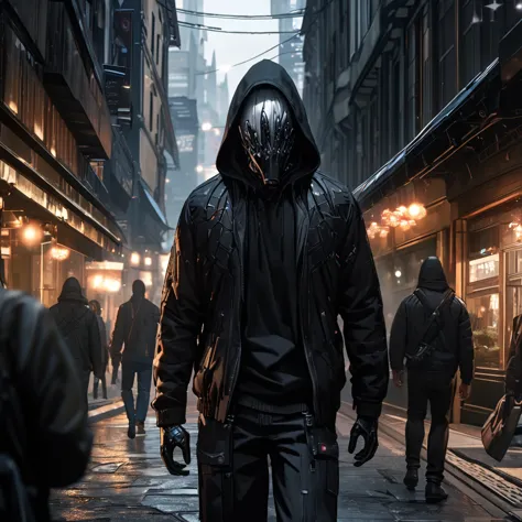 A man wearing a black sweatshirt, black pants, black hood, silver hair, a plastic hand on his face, covered face, walking down a...