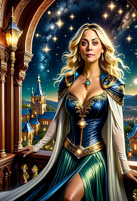 Uma bela e requintada mulher (Kaley Cuoco as Billie, from the Charmed series) standing under the starry night sky on the balcony...