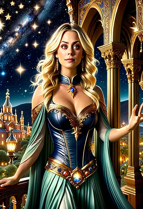 Uma bela e requintada mulher (Kaley Cuoco as Billie, from the Charmed series) standing under the starry night sky on the balcony...