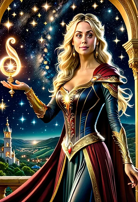 Uma bela e requintada mulher (Kaley Cuoco as Billie, from the Charmed series) standing under the starry night sky on the balcony...