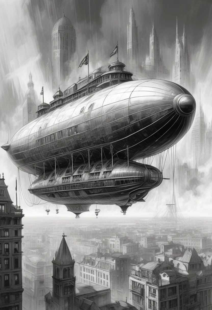 stunning black and white graphite sketch of a beautiful Steampunk dirigible airship flying over a futuristic city in dynamic pose, (by Alyssa Monks:1.1), by Joseph Lorusso, by Lilia Alvarado, beautiful lighting, sharp focus, 8k, high res, (pores:0.1), (sweaty:0.8), Masterpiece, Nikon Z9, Award - winning photograph