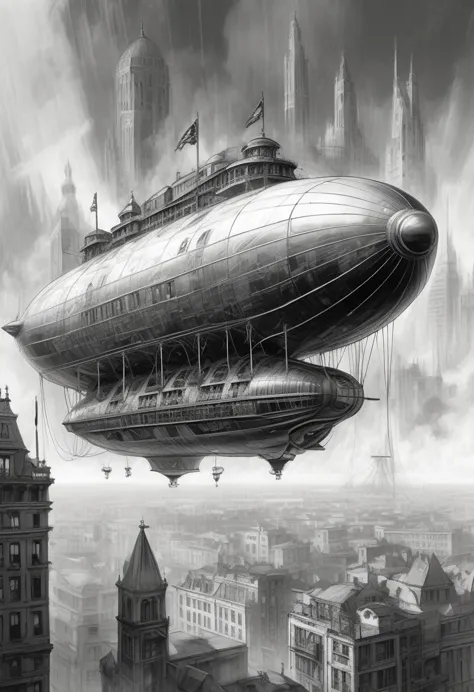 stunning black and white graphite sketch of a beautiful Steampunk dirigible airship flying over a futuristic city in dynamic pos...