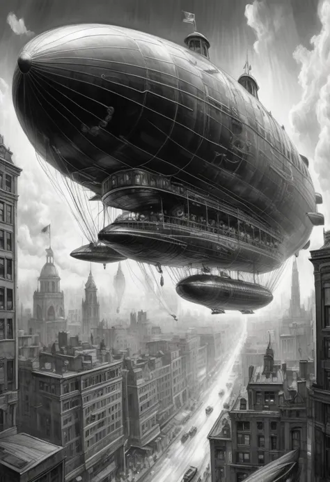 stunning black and white graphite sketch of a beautiful Steampunk dirigible airship flying over a futuristic city in dynamic pos...