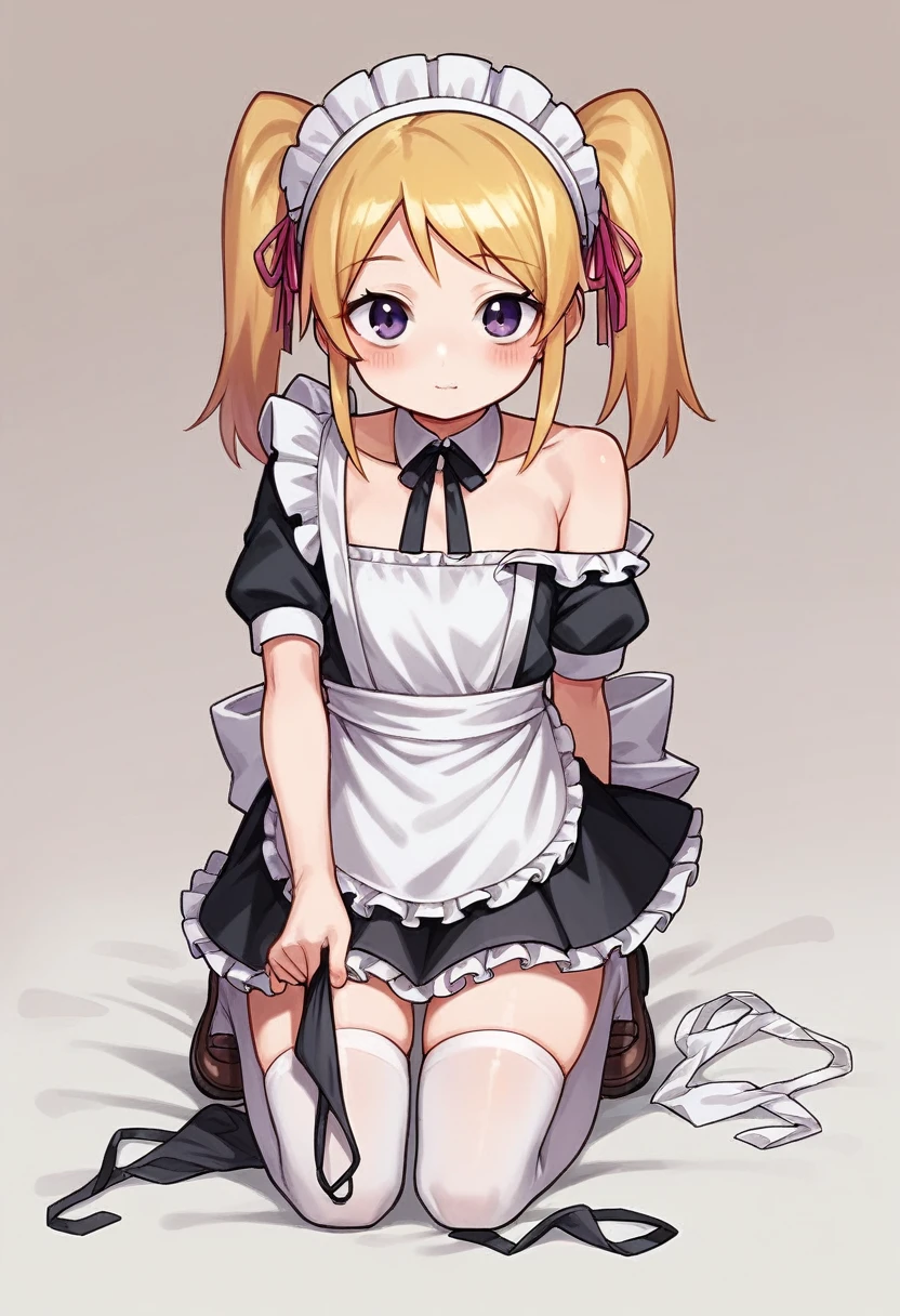 masterpiece1.0, best quality1.0, FHD1.0, female , 
loli,cute,cute,cute, cheerful, kneeling, looking at viewer, twintail, blonde,  , hair ribbon, thighhighs, ((((((frilled clothing)))))), ((((((off shoulder)))))), ((((((undone clothing)))))), ((((((mini skirt)))))), ((((((maid)))))), ((((((apron)))))), ((((((absurdres)))))), ((((((kawaii)))))), ((((((cel anime)))))),fullbody