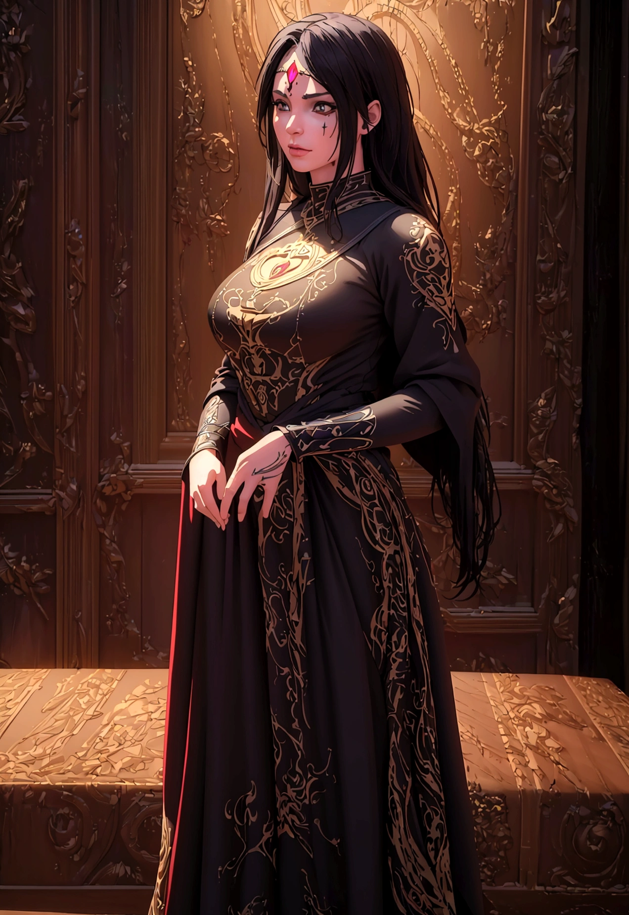 (best quality,4k,8k,highres,masterpiece:1.2),ultra-detailed,(realistic,photorealistic,photo-realistic:1.37),1girl,glowing rune tattoos,red and black hair,princess knight pants gown dress,circlet,fantasy,epic,dramatic lighting,cinematic,digital painting