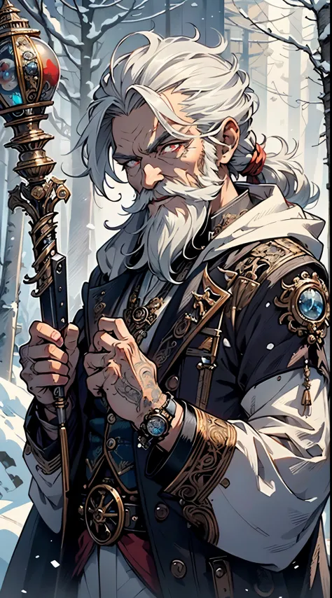 ((an extremely old man with beard)),(beautiful detailed eyes), 1male, long white and silver robe with hood, long gray hair,silve...