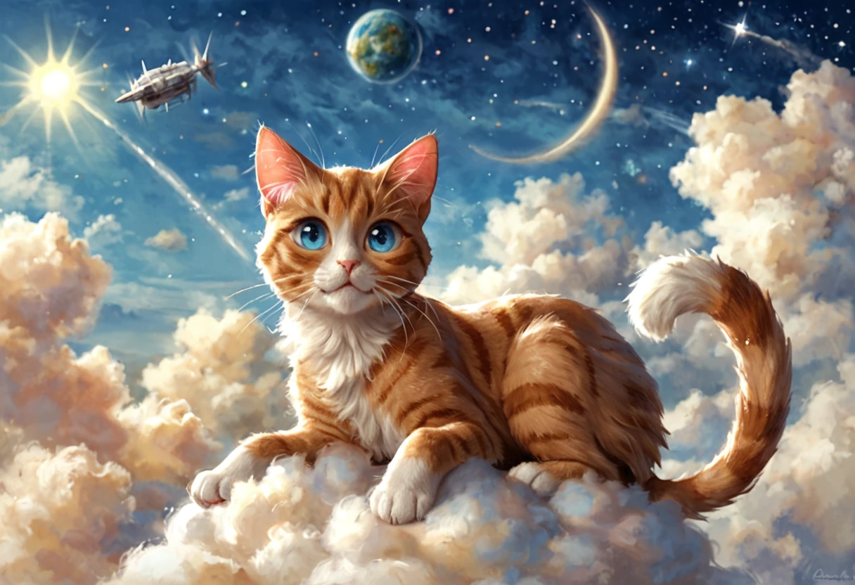 there is a Cat that is sitting on a cloud in the sky, adorable Digital Painting, Cute and detailed digital art, Cute digital art, realistic anime Cat, Dream Animal Cute Eyes, Cat. Digital Painting, anime Cat, Cute and detailed artwork, 宇宙の子Cat, Cat in space, anime visual of a cute Cat, warrior Cats fan art, Cat Cat dreamCats