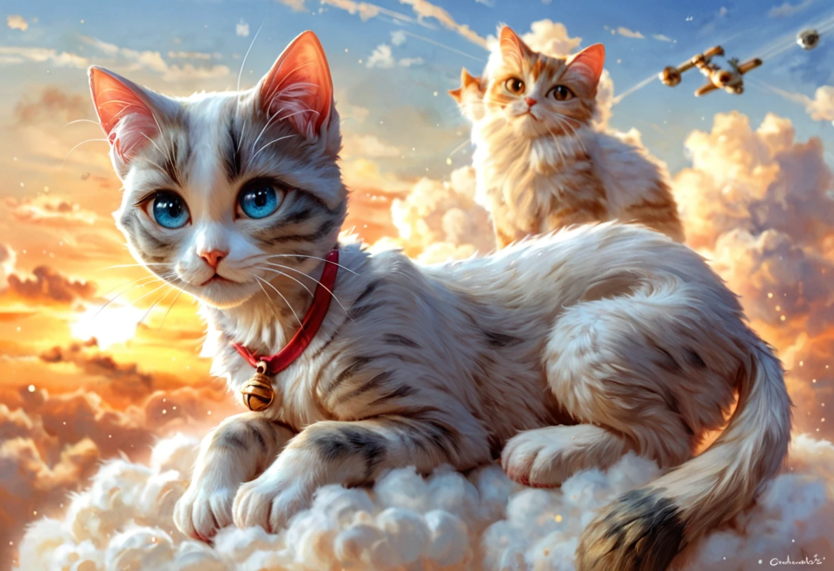 there is a Cat that is sitting on a cloud in the sky, adorable Digital Painting, Cute and detailed digital art, Cute digital art, realistic anime Cat, Dream Animal Cute Eyes, Cat. Digital Painting, anime Cat, Cute and detailed artwork, 宇宙の子Cat, Cat in space, anime visual of a cute Cat, warrior Cats fan art, Cat Cat dreamCats