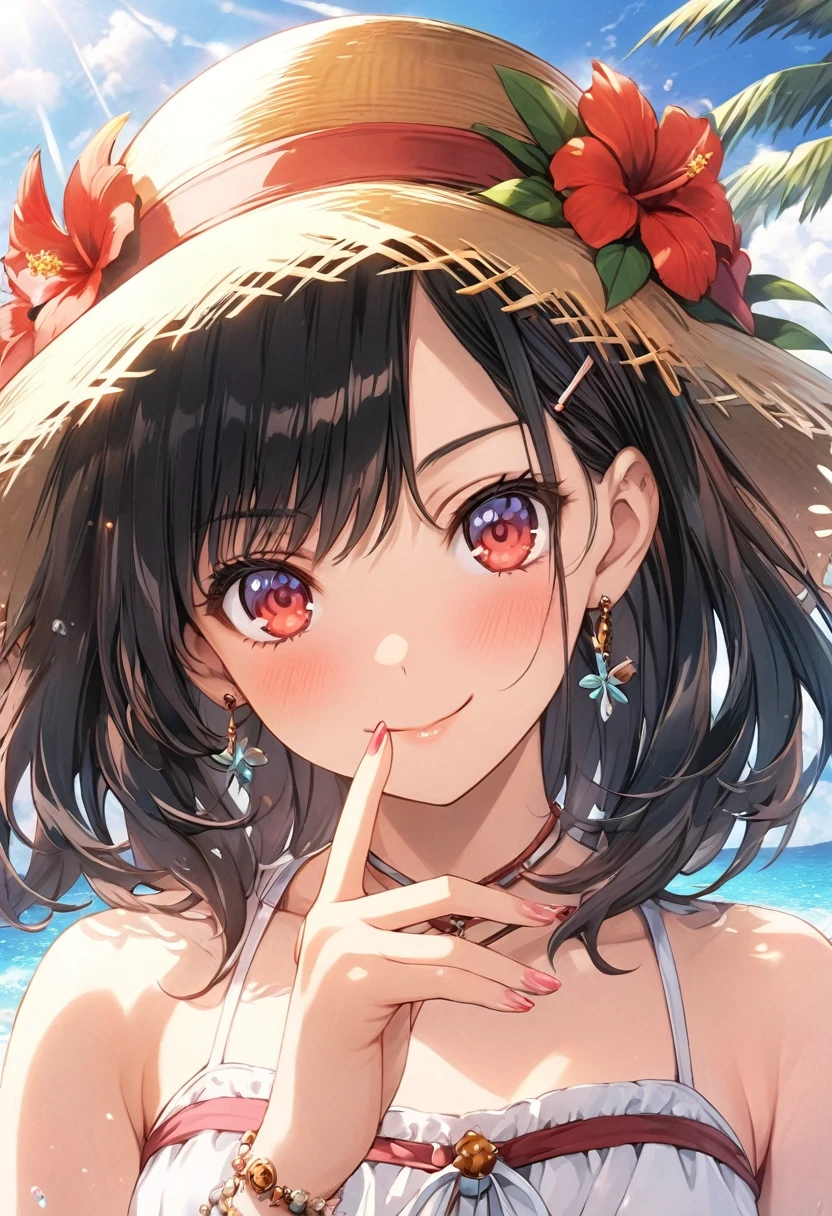 (masterpiece, best quality), very aesthetic, absurdres, extremely detailed CG unity 8k wallpaper, super fine illustration, (detailed_face:1.2), BREAK 1girl, long black hair wearing a straw hat, small breasts, (glamorous expression), red eyes, anime style 4k, beautiful anime portrait, anime moe art style, anime art wallpaper 4k, High quality anime art style, anime style portrait, be familiar with digital anime art, anime art wallpaper 8k, cute anime girl portrait, Hawaii background, blue sea, palm trees, sunlight, whole body, BREAK depth of field, perfect hands, nice fingers, 5_finger, 4_finger,1_thumb,