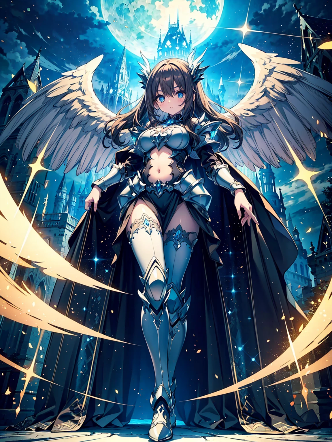 (((masterpiece))) (((highest quality))) (((8k resolution))) Queen in power armor, (gothic style), (full body shot 1.2), bellybutton, The most beautiful and sexy angel goddess, with long light brown hair, and glowing blue eyes, wearing intricate white gothic battle armor, angel wings, standing majestically in front of a gothic castle. ((perfect illumination)), a radiant glowing aura surrounds her, highlighting her divine presence and ethereal beauty, as she stands ready to defend her realm. The intricate details of her armor shimmer under the moonlight, and her angelic wings spread wide, casting an awe-inspiring shadow. Her glowing blue eyes exude both kindness and immense power, making her the epitome of grace and strength.