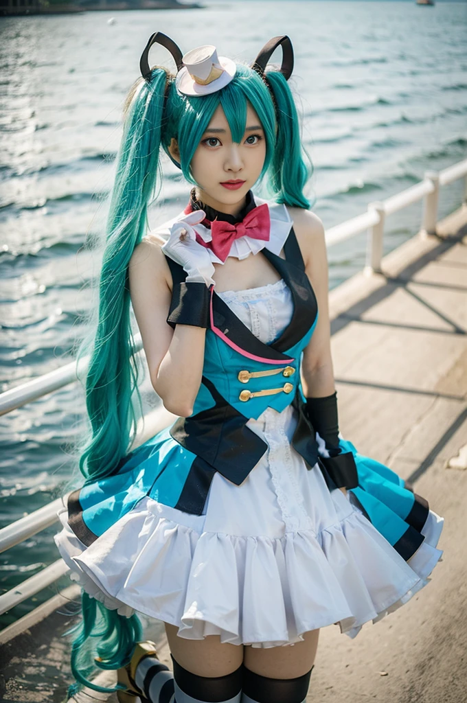 hatsune miku cosplay costume, hatsune miku, magical mirai miku, cosplay, aqua hair, twintails, very long hair, vest, sleeveless dress, frills, asymmetrical gloves, bowtie, mini hat, hair ornament, gloves, wrist cuffs, asymmetrical legwear, vertical-striped thighhighs, shoes beauty, Beautiful woman，Have a perfect body：1.4，Layered Hairstyle，((Big breasts)), ((D cup)), Visible cleavage，Bare shoulders, Highly detailed face and skin texture，Double eyelids，Skin Whitening，Long hair，Whitening long legs，Standing by the sea, Fashion girl, Red lips, Sweet maiden, Beautiful makeup, detail, lifelike, Very detailed, amazing, beautiful, Young and energetic, high quality，High Definition, rich and colorful，Exquisite, Smooth skin, The skirt is short, Lift the skirt with your hands, Elegant and charming posture, Official Art, Extremely detailed, Movie atmosphere, Soft colors, Natural skin texture,